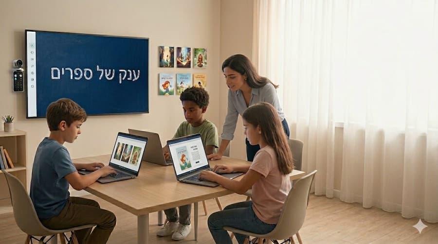 מורה ותלמידים עובדים עם פלטפורמה