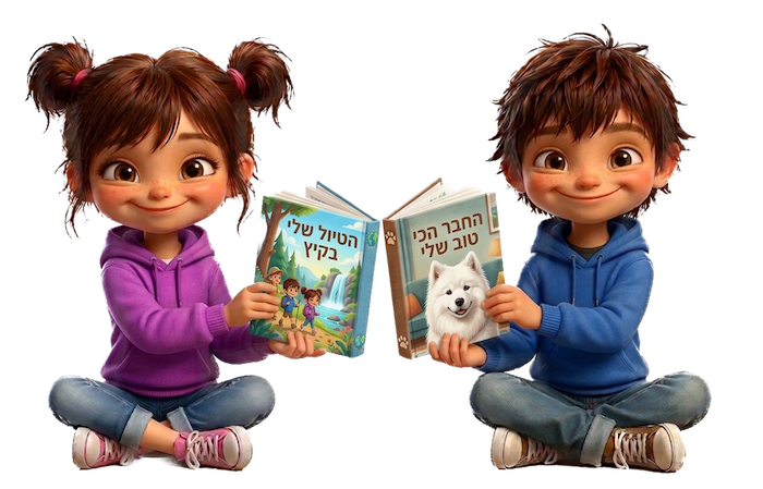 שני תלמידים מחזיקים ספרים שכתבו בעצמם