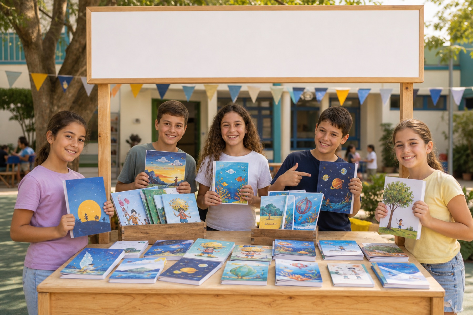 הדמיה של תלמידי כיתה ה׳ מציגים ספרים שכתבו בדוכן שבוע הספר